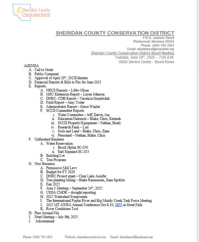 June 2025 Board Meeting Sheridan County Conservation District